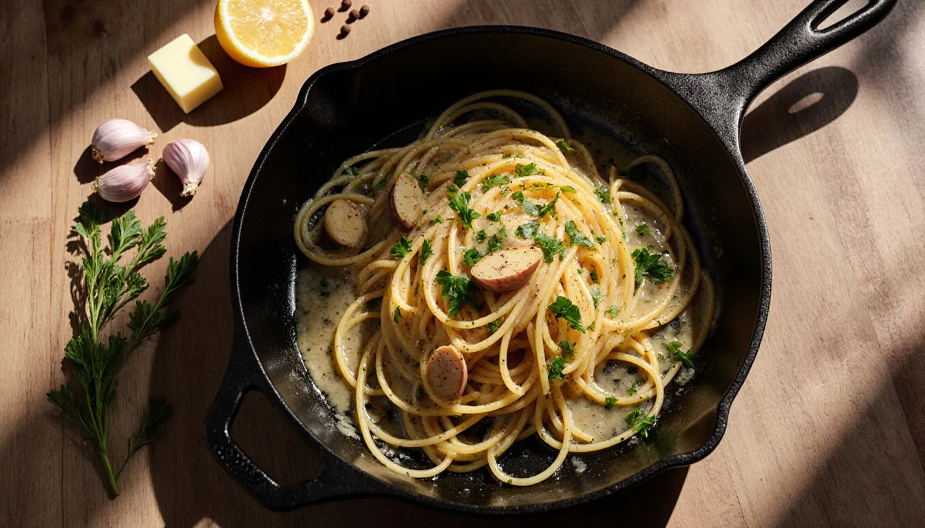 A skillet of spaghetti tossed in glossy garlic butter sauce with parsley, garlic cloves, and lemon on the counter