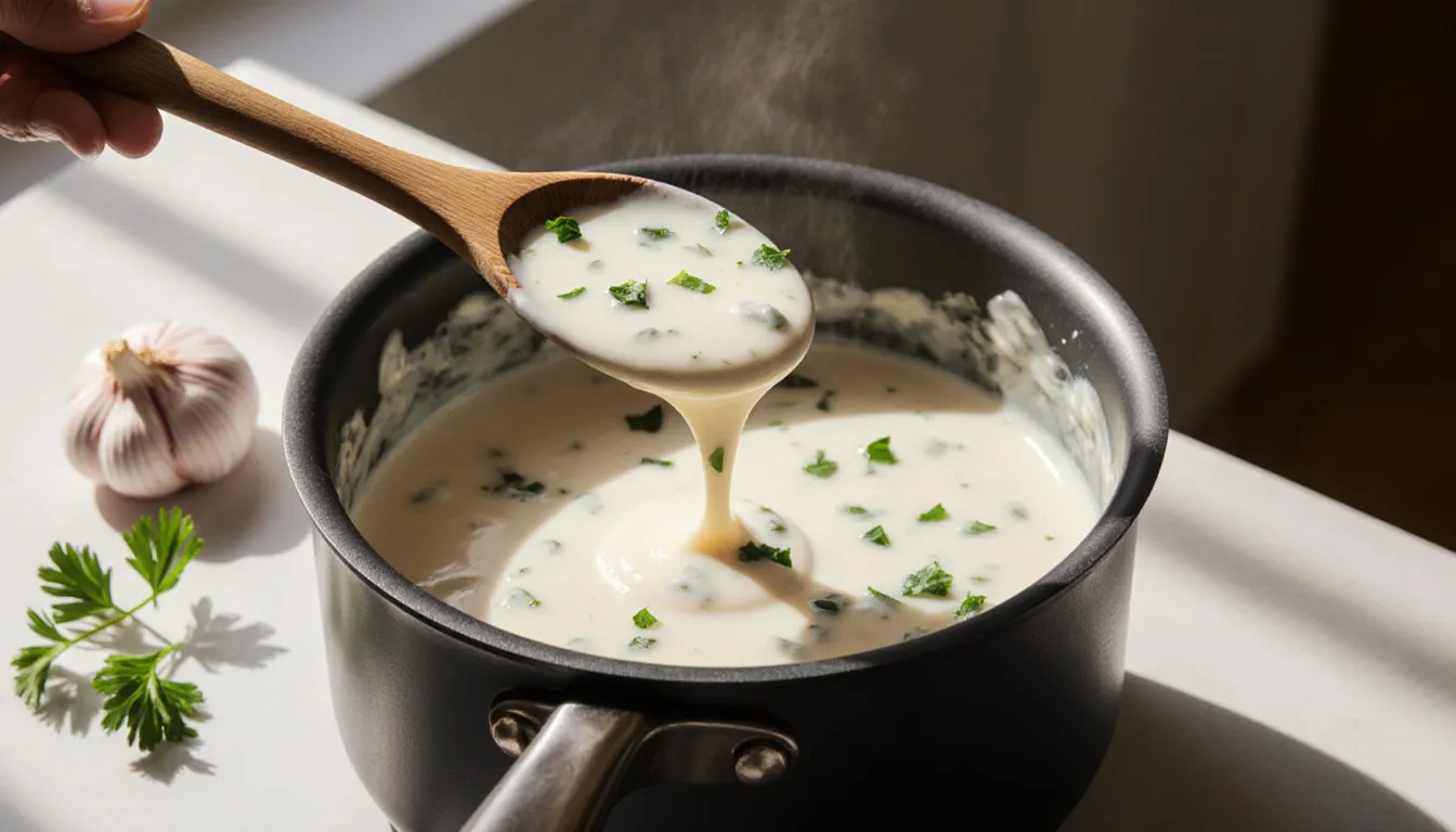 A wooden spoon lifts a ribbon of thick garlic cream sauce from a simmering saucepan flecked with parsley