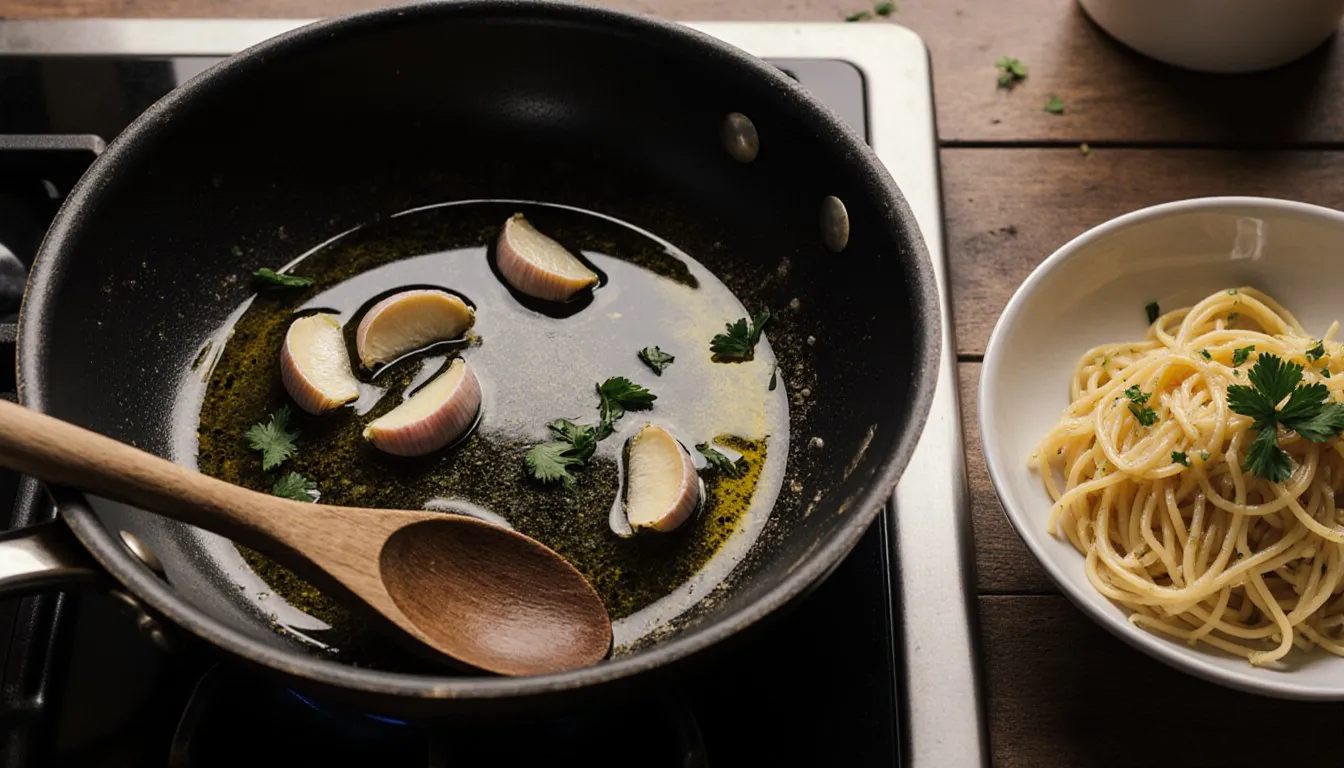 Golden garlic sizzling in olive oil in a skillet beside a bowl of glossy tossed pasta
