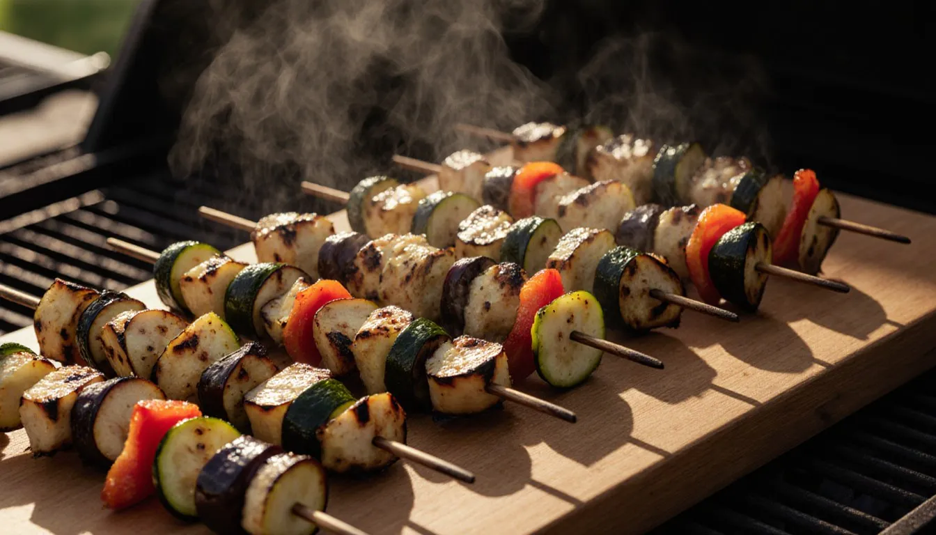 Skewers of grilled vegetable kabobs with charred eggplant, zucchini, and bell peppers fresh off a gas grill