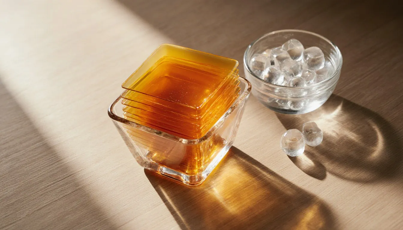 Gelatin sheets, a bowl of clear jelly, and empty capsules arranged on a wooden surface