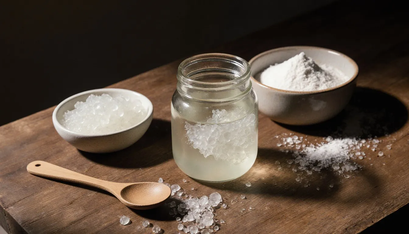 Agar-agar flakes, arrowroot powder, and a jar of set gel, natural substitutes for gelatin