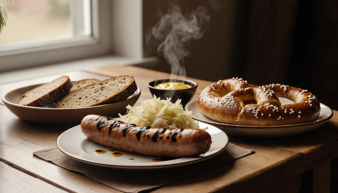 A rustic spread of German bratwurst, sauerkraut, pretzel, and dark rye bread on a wooden table