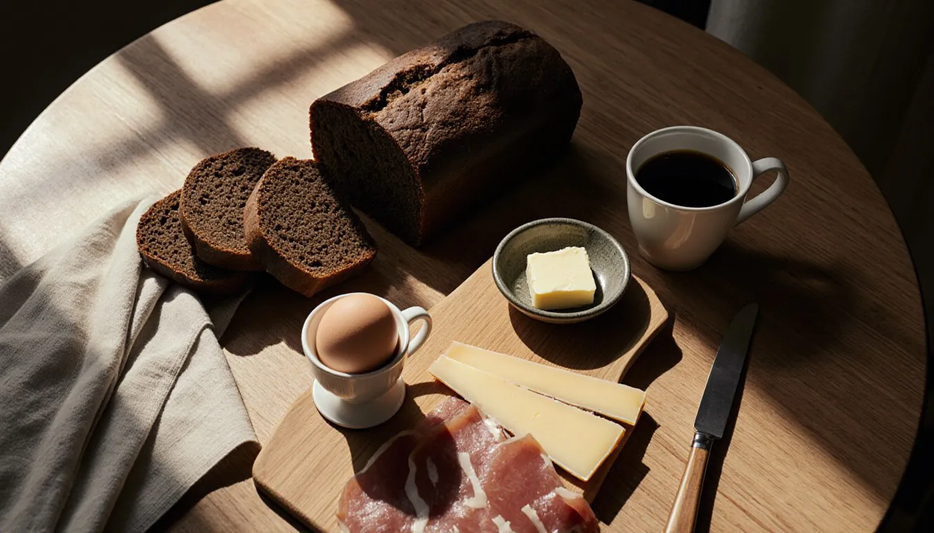 A rustic German table spread with dark rye bread, cheese, cold cuts, a soft-boiled egg, and coffee