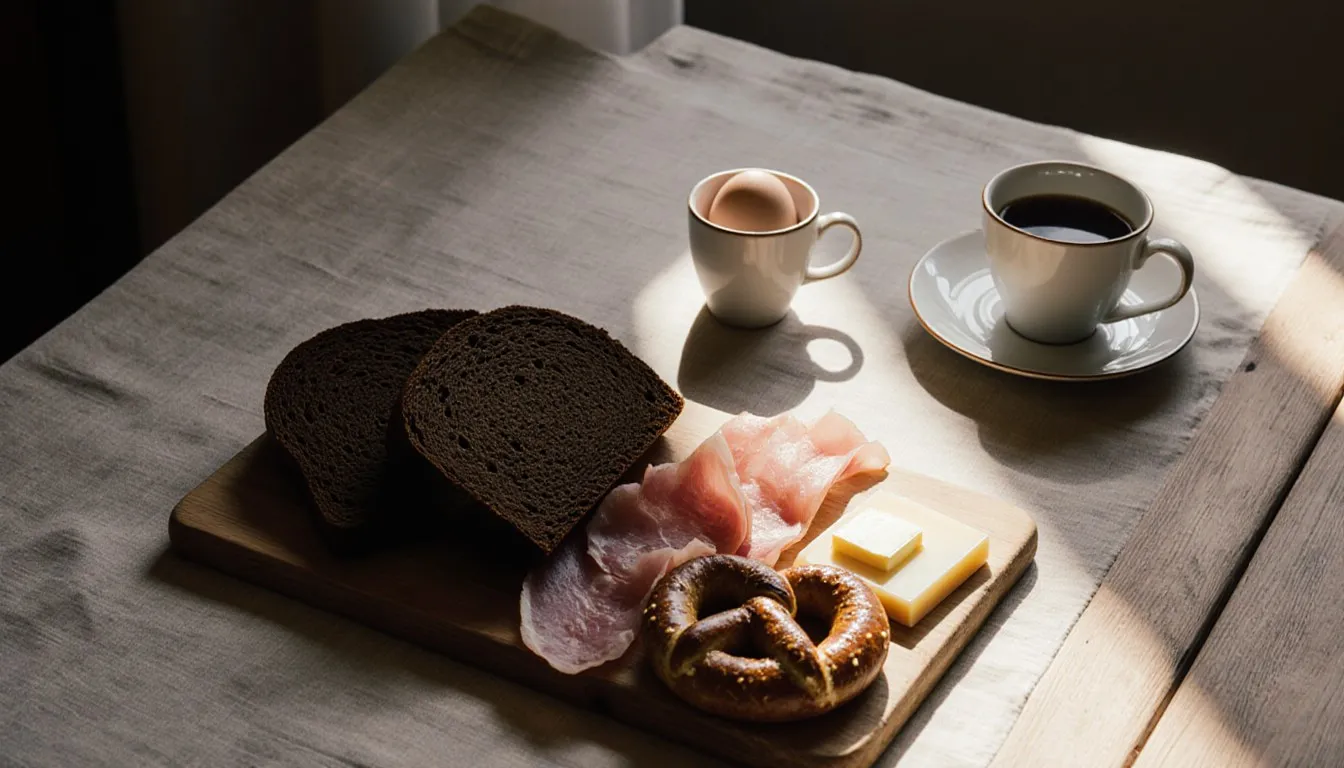 A rustic table set with dark rye bread, cold cuts, cheese, a boiled egg, and a soft pretzel, German breakfast style