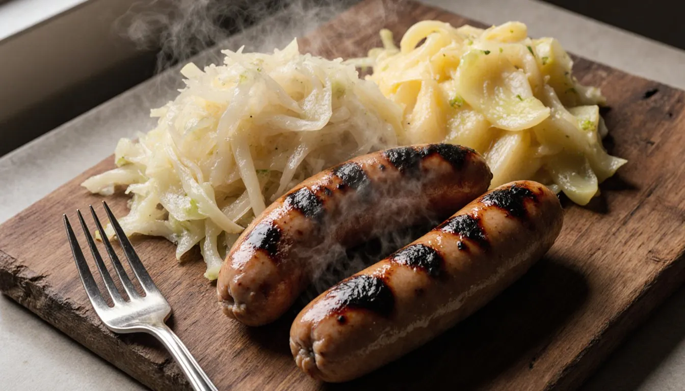 Grilled bratwurst, sauerkraut, and spätzle noodles arranged on a wooden board, classic German dishes