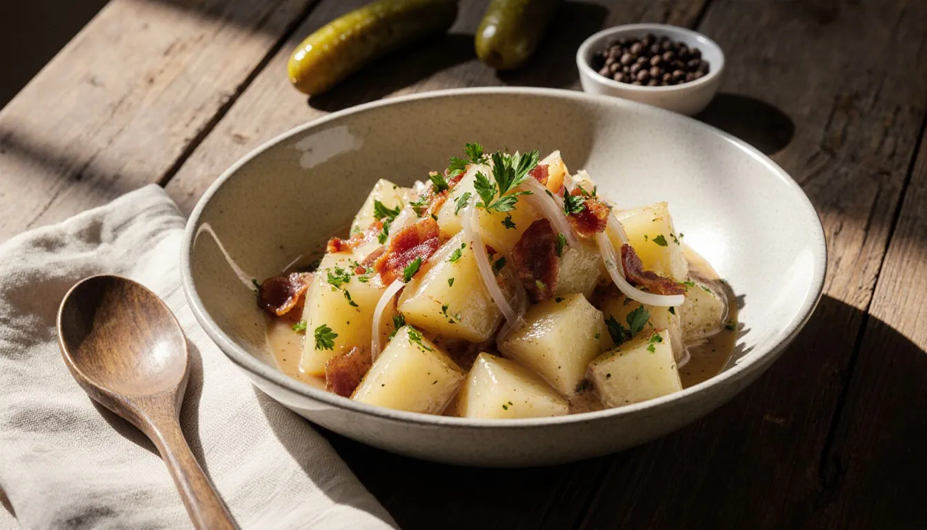 A bowl of warm German potato salad with bacon, onion, and fresh parsley garnish