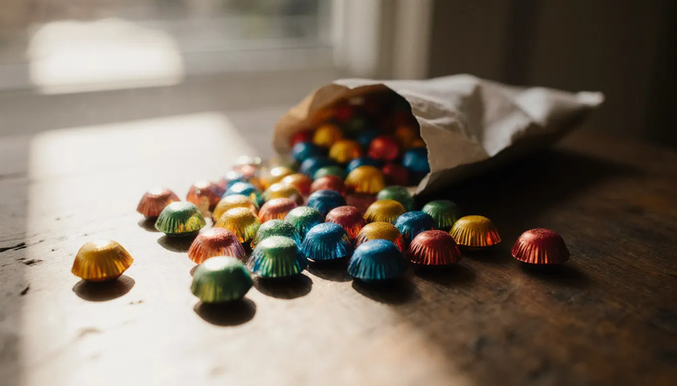 A colorful pile of rainbow candy shells spilled across a wooden table