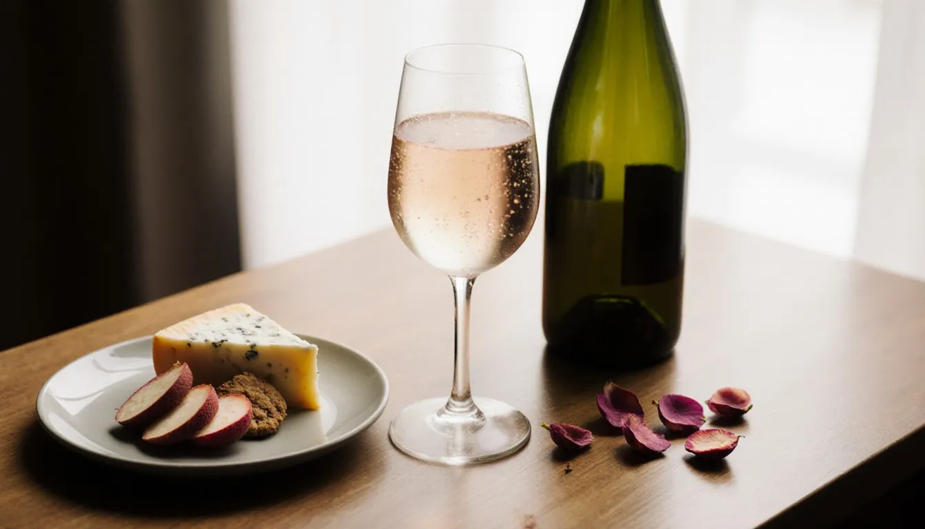A glass of golden Gewurztraminer wine beside a bottle, cheese, and spiced food pairings on a table