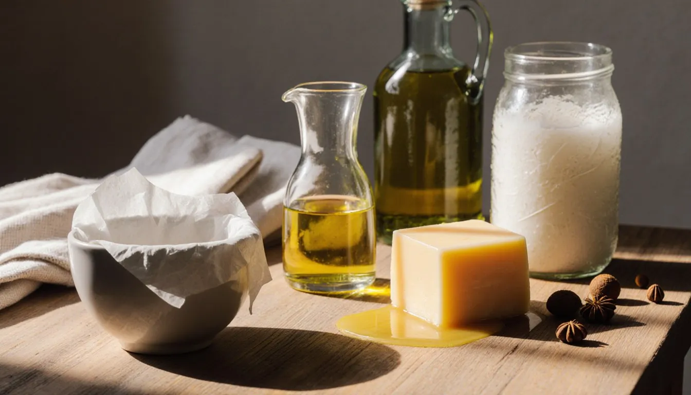 Ghee, butter, olive oil, and coconut oil arranged together as substitute options on a wooden counter.