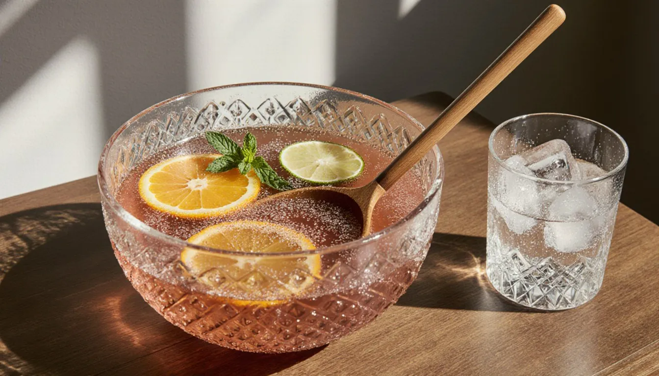 A glass punch bowl of sparkling ginger ale punch garnished with citrus slices and mint, ladle resting inside