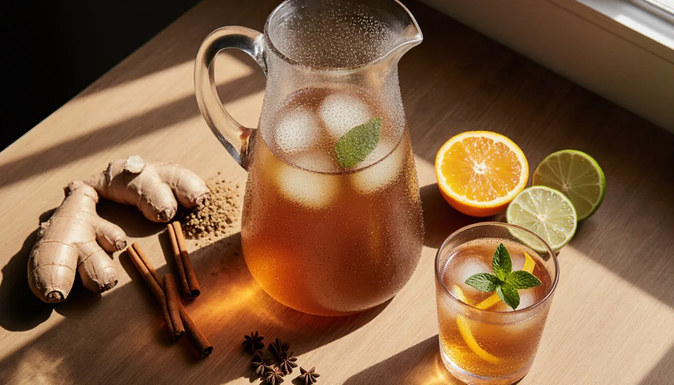 A jug of chilled ginger tea surrounded by fresh ginger root, cinnamon sticks, and citrus halves