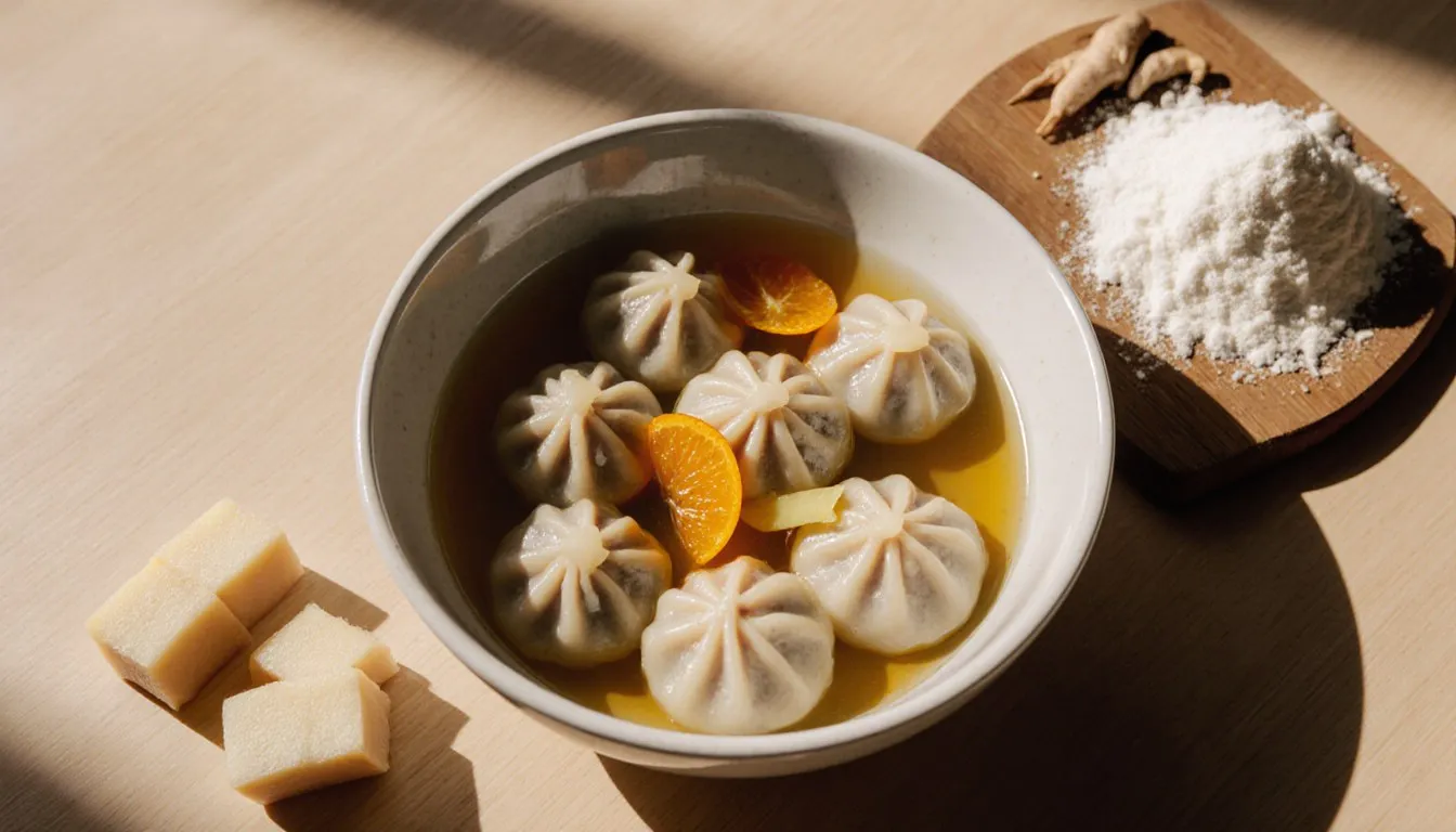 Glutinous rice dumplings in ginger syrup beside raw rice flour and taro root cubes