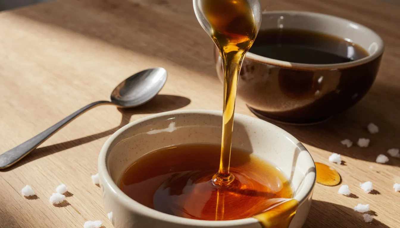Small bowls of golden syrup, honey, and maple syrup with a spoon drizzling syrup between them