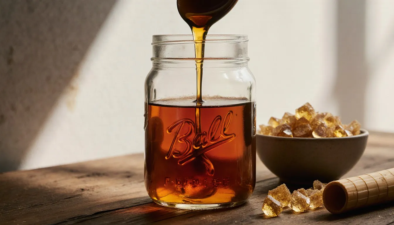 A jar of golden syrup with a spoon lifting a glossy amber ribbon beside raw sugar crystals on a kitchen counter