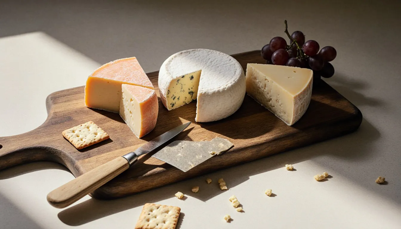 Wedges of Taleggio and substitute cheeses like Fontina, Brie, and Gruyère arranged on a wooden board