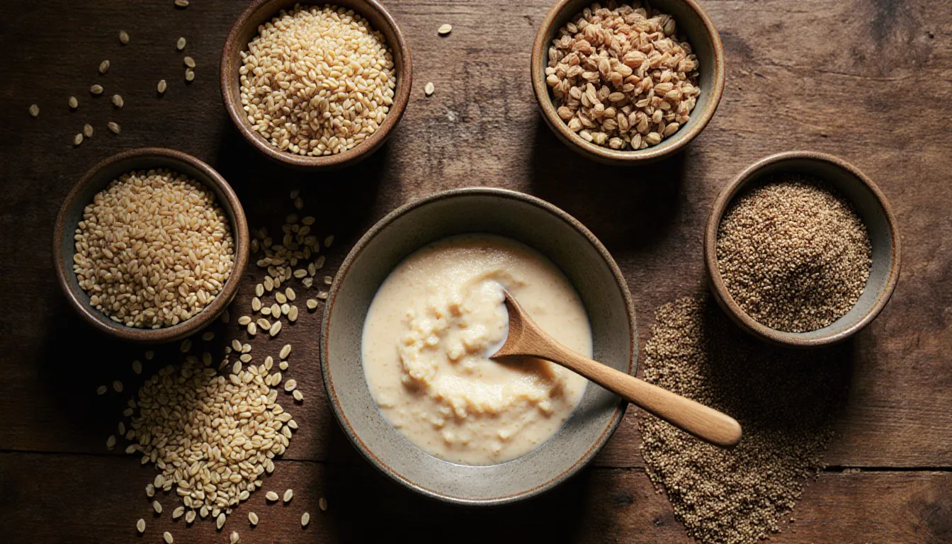 Small bowls of pearled barley, farro, brown rice, and quinoa arranged around a bowl of creamy risotto