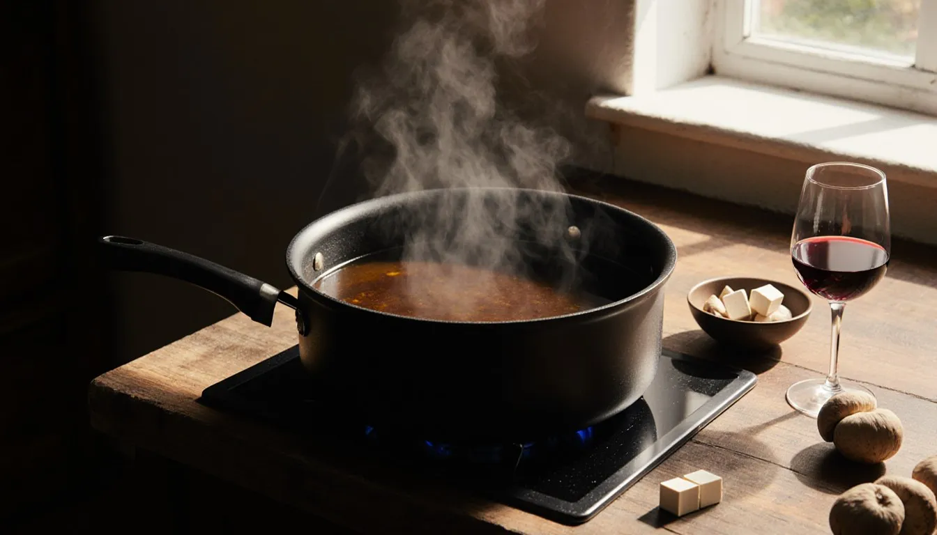 A simmering pot of dark broth beside bouillon cubes, mushrooms, and wine, common beef broth substitutes