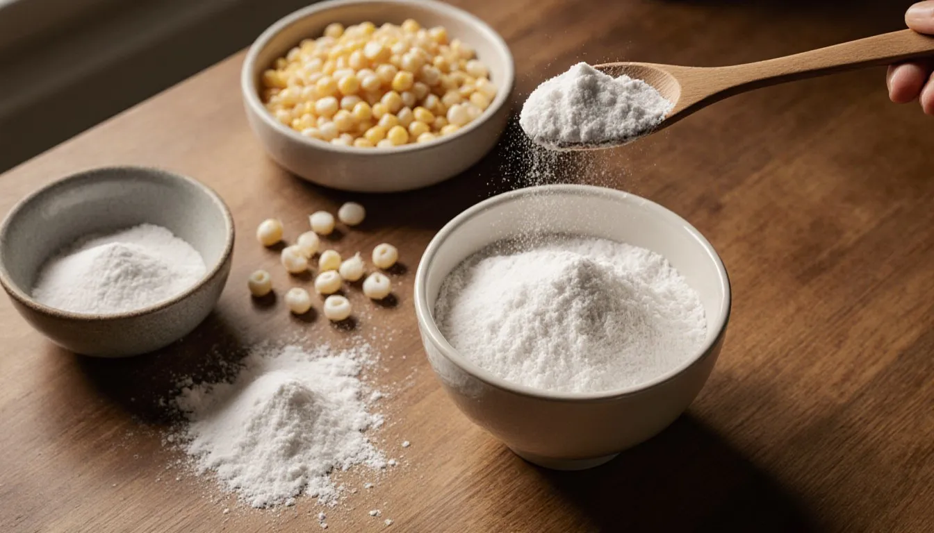 Bowls of potato starch, cornstarch, and tapioca pearls arranged on a kitchen counter as substitute ingredients