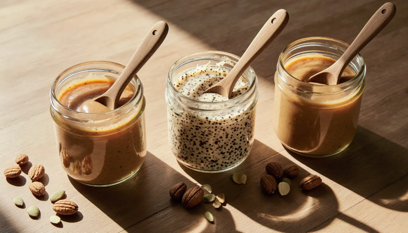 Three open jars of different nut and seed butters with spoons, arranged as alternatives to tahini