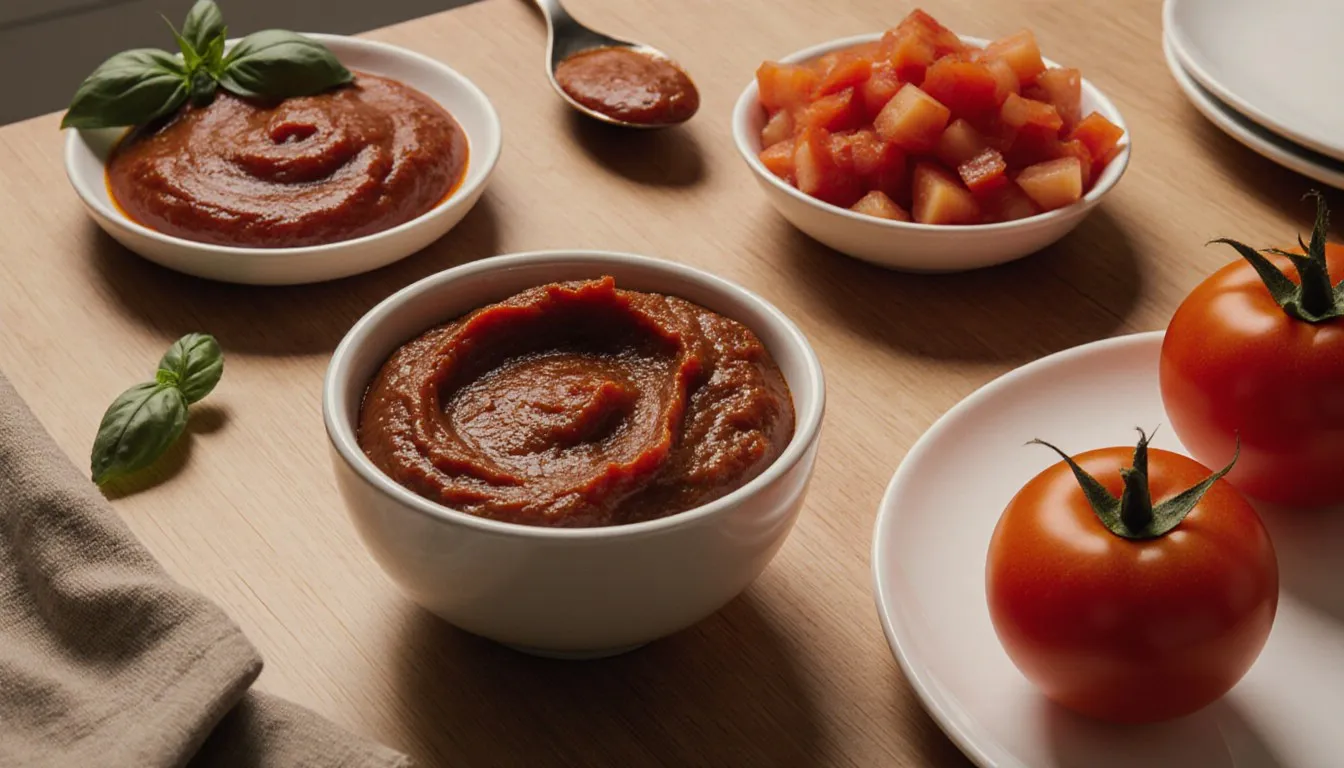 Bowl of tomato paste surrounded by tomato sauce, canned tomatoes, and ketchup as substitute options