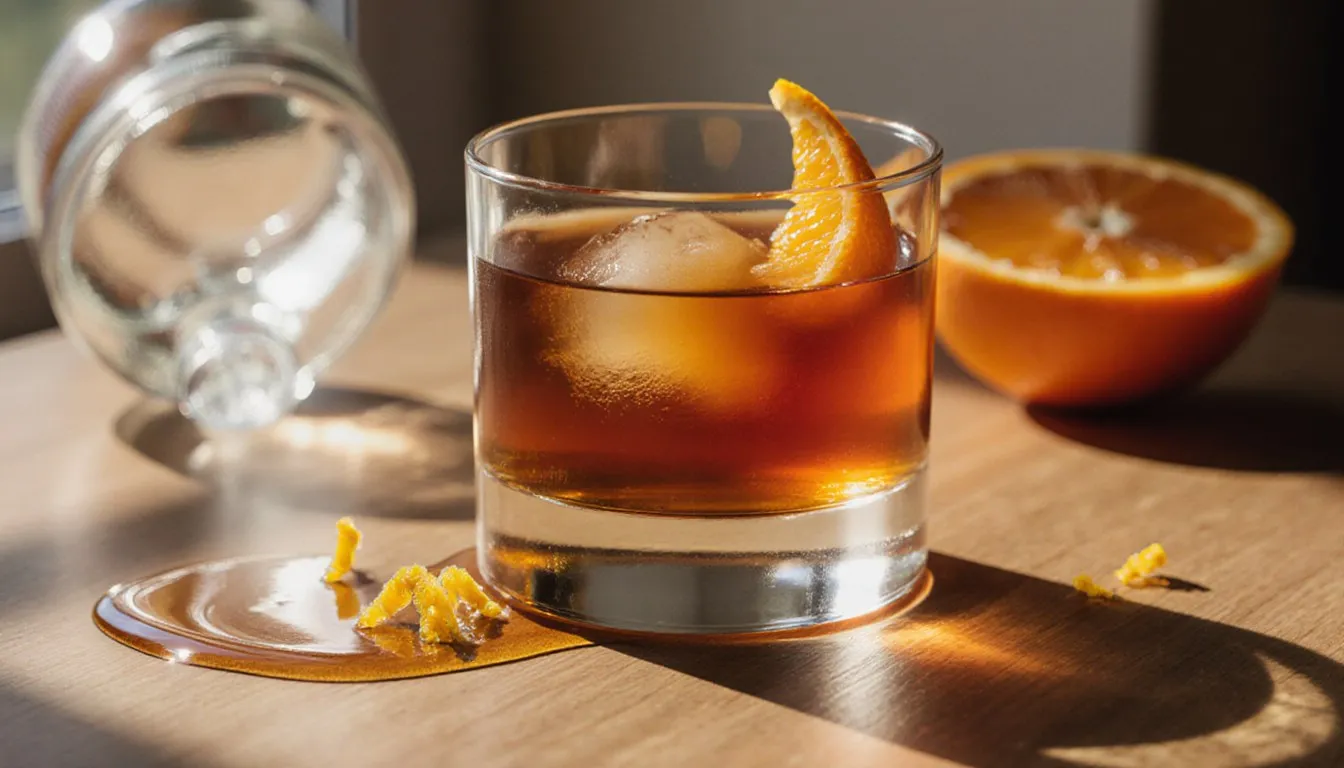 A glass of orange liqueur beside fresh orange peel and citrus, evoking triple sec substitutes