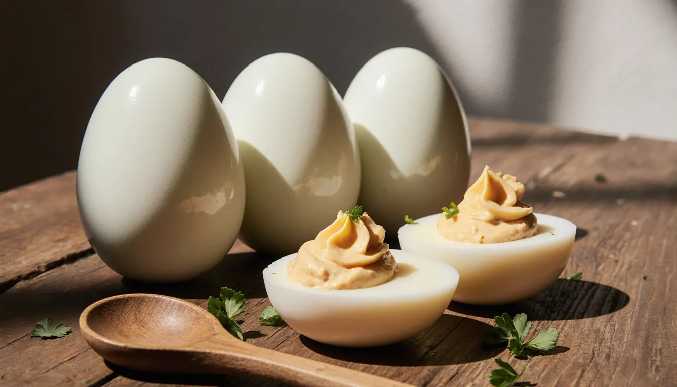 Whole goose eggs and halved deviled goose eggs arranged on a rustic wooden table