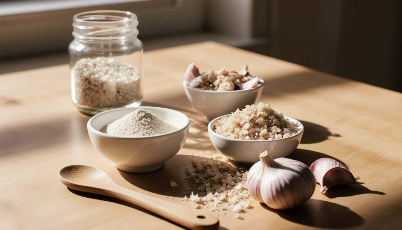 Bowls of garlic powder, garlic salt, and garlic flakes arranged as substitutes for granulated garlic