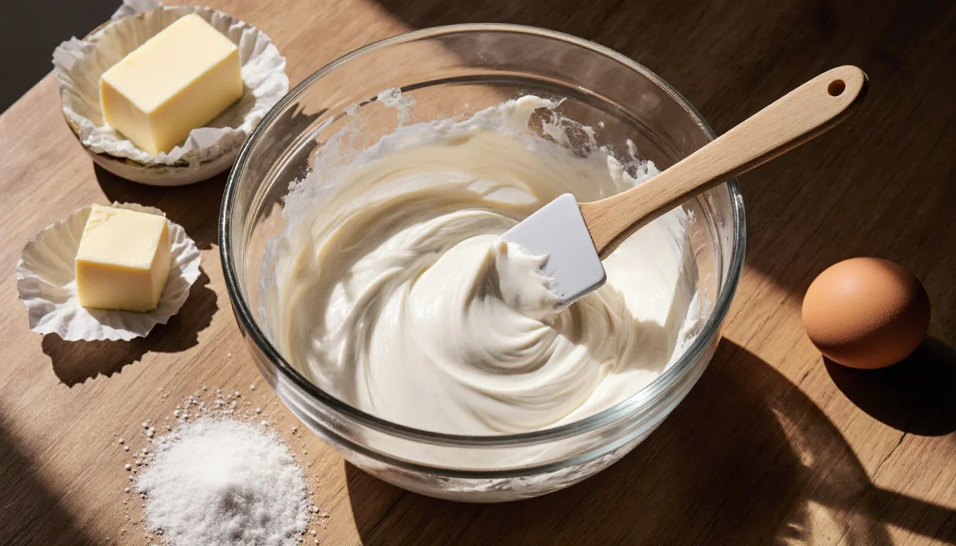 A bowl of freshly whipped buttercream frosting beside butter, eggs, and granulated sugar on a countertop