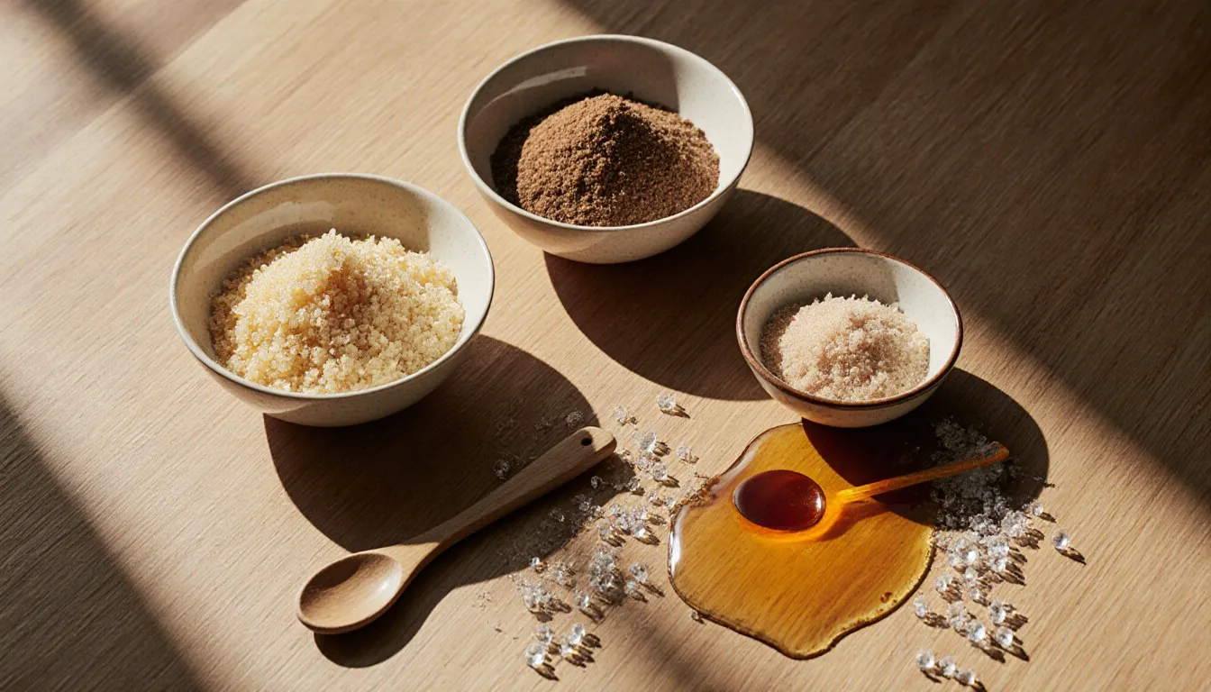 Small bowls of raw cane sugar, brown sugar, honey, and coarse sugar crystals on a wooden table
