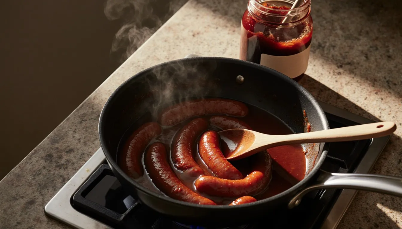 Sliced hot dogs simmering in glossy grape jelly barbecue sauce beside a jar of grape jelly