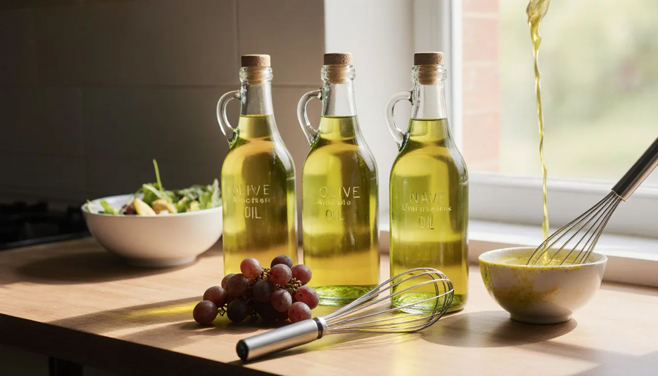 Bottles of olive, avocado, and sunflower oil arranged as grapeseed oil substitutes alongside fresh grapes