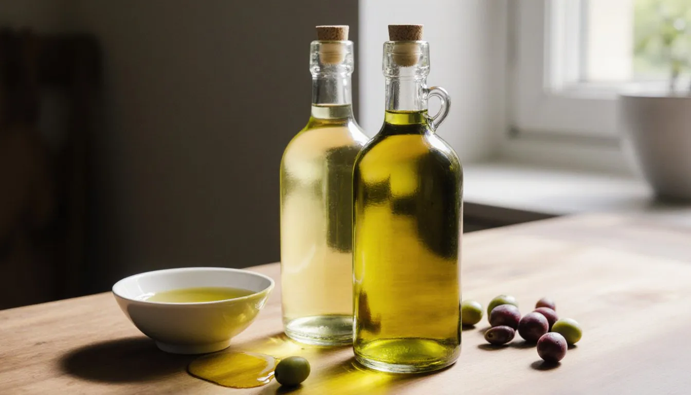 Bottles of grape seed oil and olive oil side by side on a kitchen counter with grapes and olives nearby