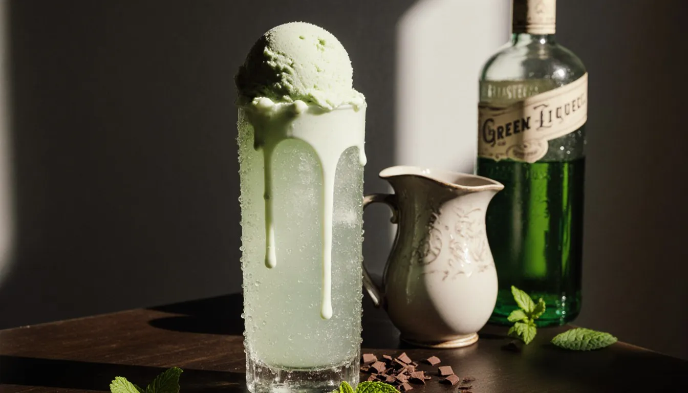A mint-green grasshopper cocktail topped with melting vanilla ice cream on a wooden bar
