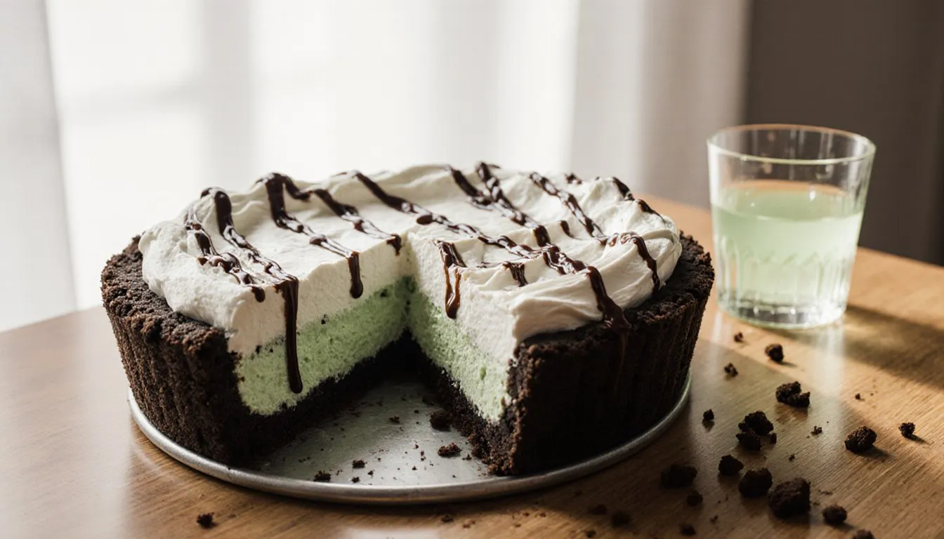 A sliced grasshopper pie with mint-green filling, chocolate cookie crust, and whipped topping