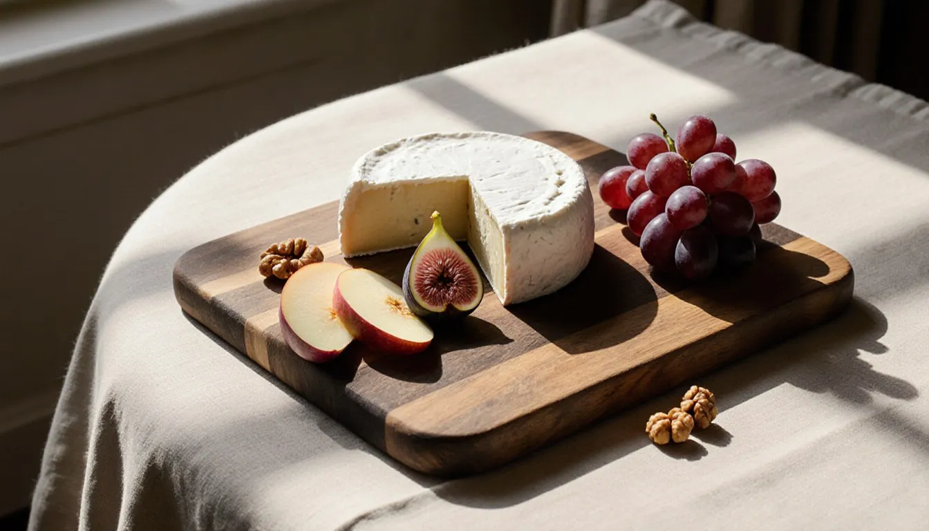 A wooden board with brie cheese, apple slices, and fresh figs arranged for a fruit and cheese pairing