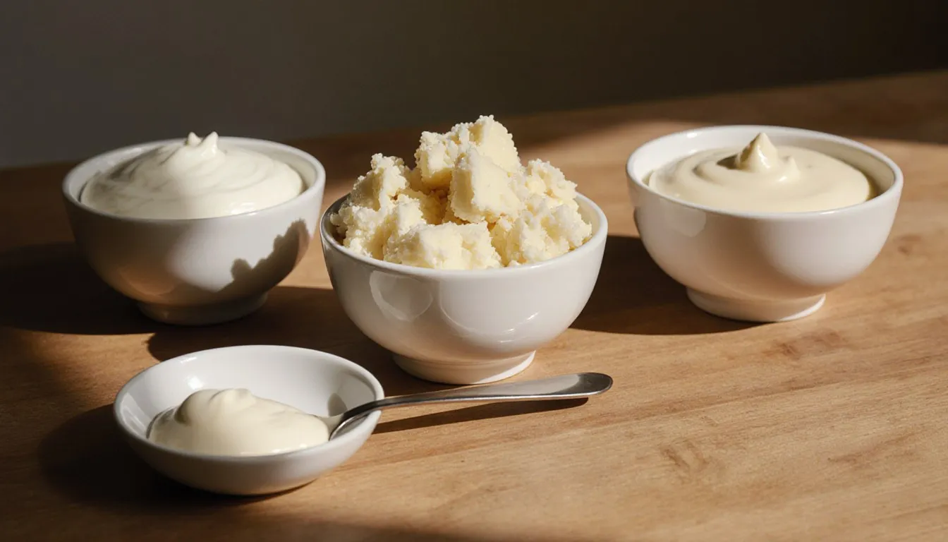 Bowls of sour cream, cottage cheese, and mayonnaise, three easy Greek yogurt substitute options