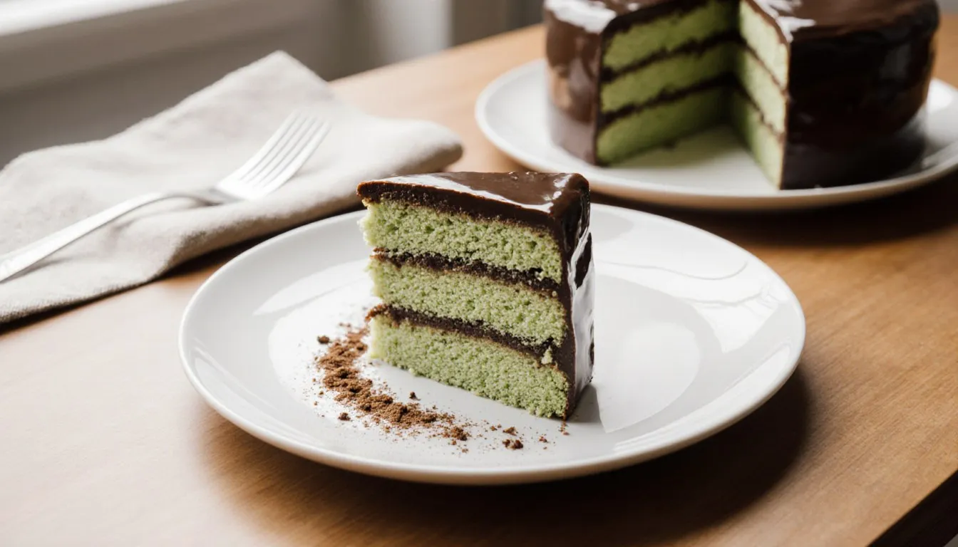 A sliced green tea opera cake showing layered matcha and chocolate sponge on a plate