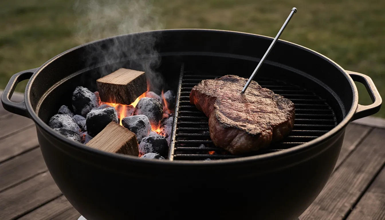 Charcoal kettle grill with glowing coals and two wood chunks banked on one side and a bare grate on the other, a steak with a probe thermometer resting over the cool side