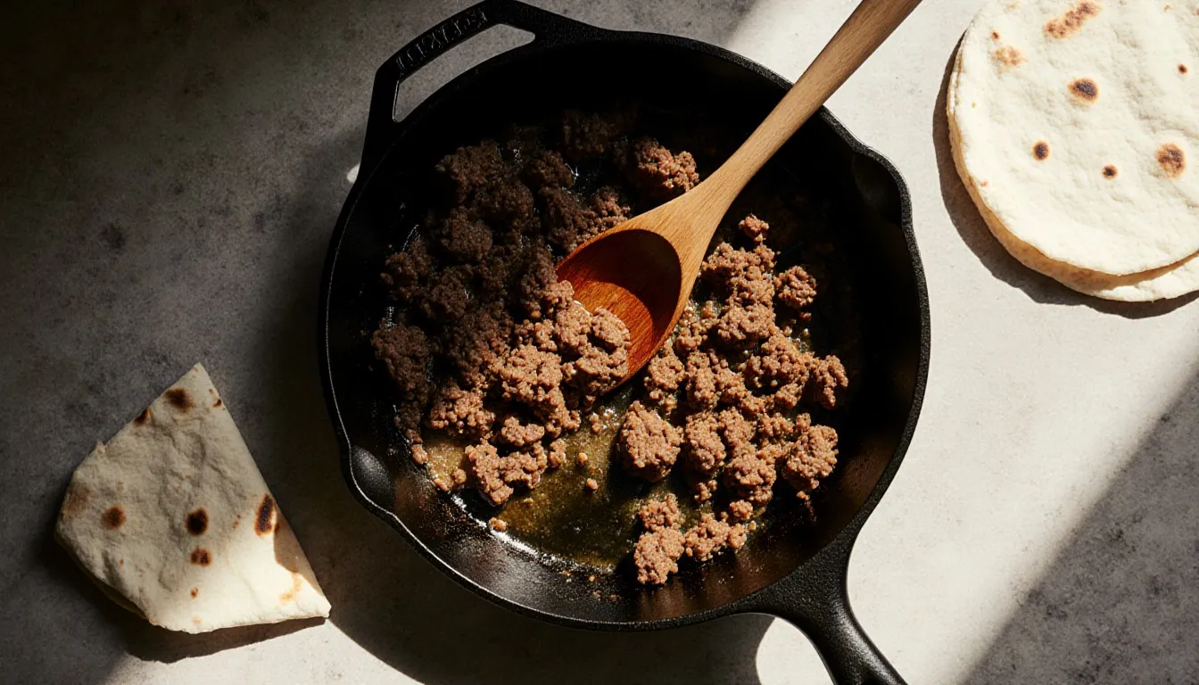 Overhead view of browned ground beef crumbles in a cast iron skillet with a wooden spoon, two flour tortillas on the counter beside the pan