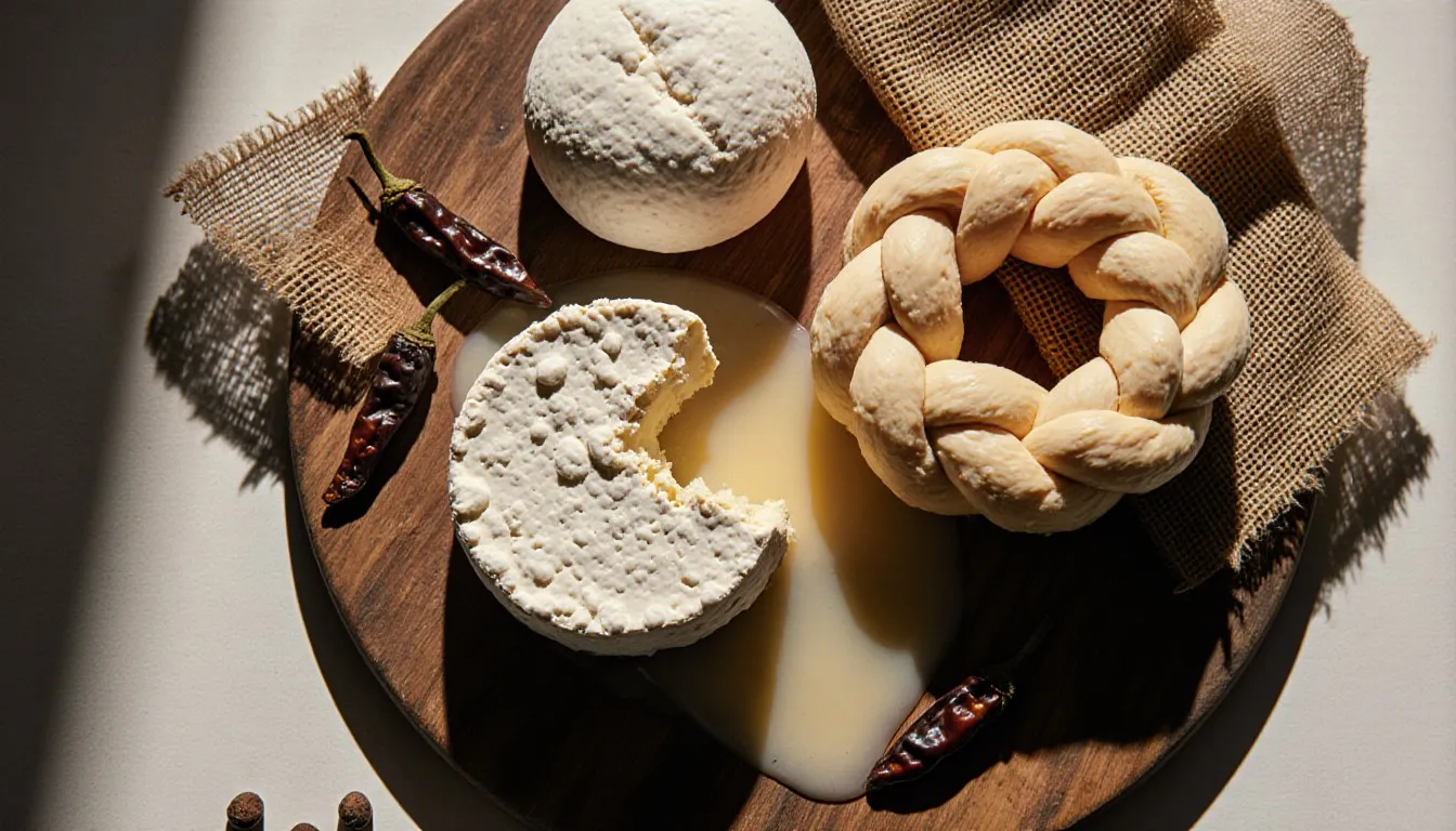 Three types of Mexican cheese, crumbly, soft, and braided, arranged together on a wooden board