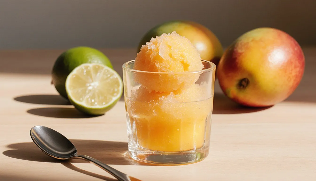 A scoop of mango lime ice in a glass beside fresh mangoes and a halved lime