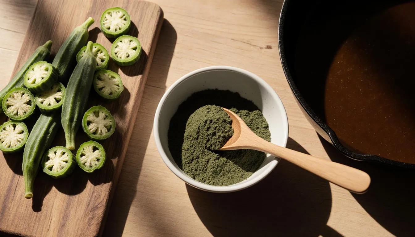 Filé powder, sliced okra, and a dark roux arranged together as gumbo thickener substitutes