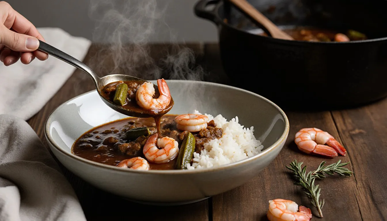 A bowl of seafood gumbo with shrimp, okra, and crab served over steamed white rice