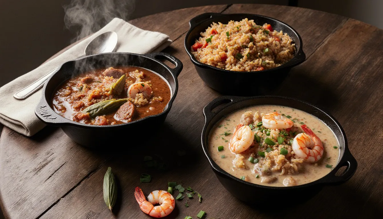 Three bowls of gumbo, jambalaya, and étouffée arranged side by side, each showing distinct color and texture