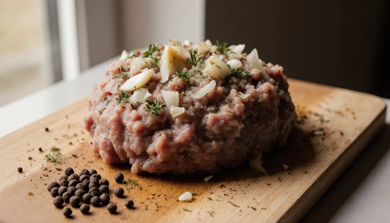 Raw ground lamb and beef mixture seasoned with onion, garlic, and herbs for homemade gyro meat