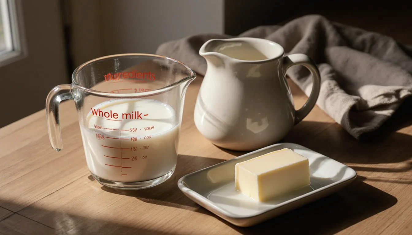 Milk, cream, and melting butter arranged on a kitchen counter as homemade half-and-half substitute ingredients