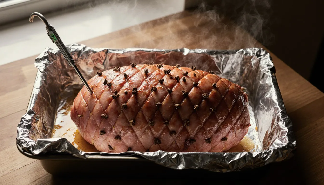 A scored, clove-studded ham with a meat thermometer inserted, resting in a foil-lined roasting pan