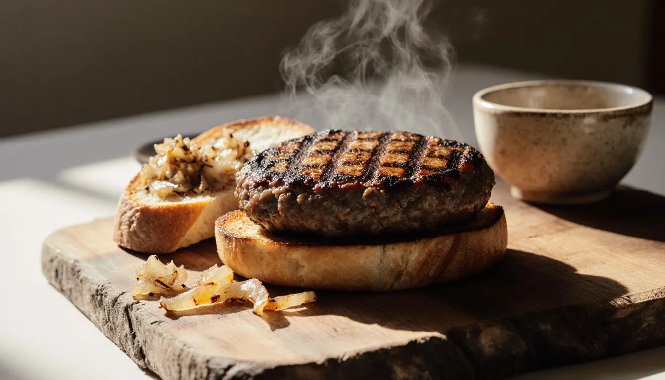 A charred, juicy hamburger patty on a toasted bun beside a bowl of dry onion soup mix