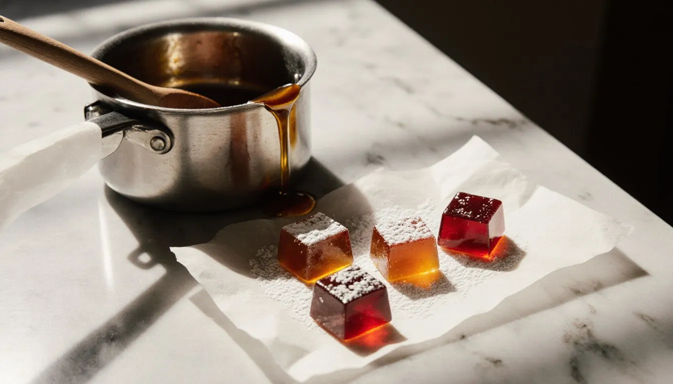 Glossy homemade hard candy pieces cooling on parchment, dusted lightly with powdered sugar